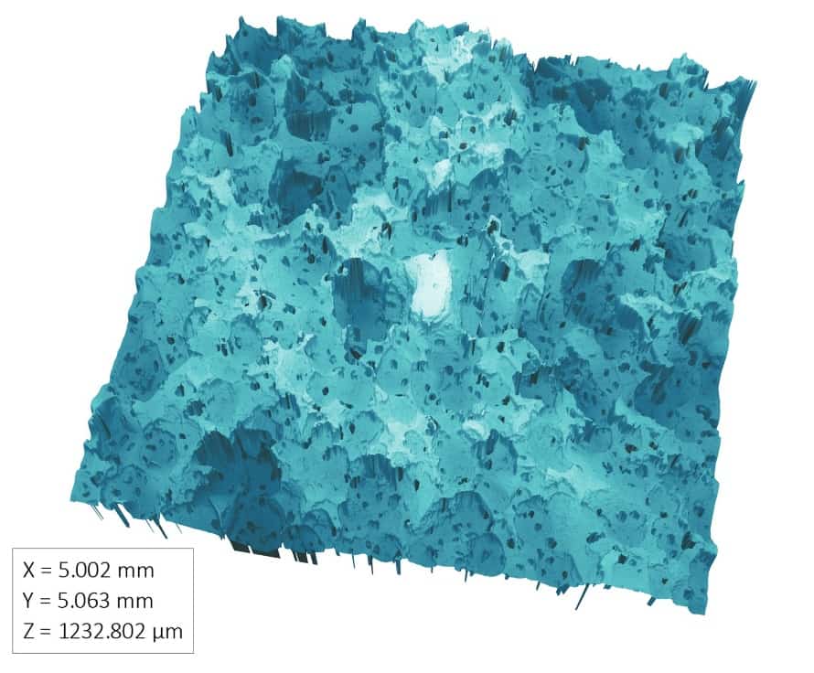 3D optical profilometry reconstruction of the blue climbing grip surface showing roughness, pores, asperities, and surface height variation.