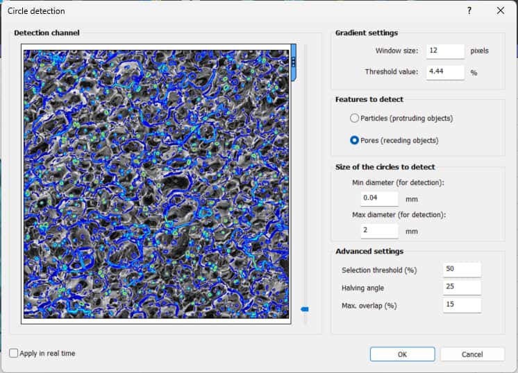 Pore detection analysis of the blue climbing grip surface using semi-automated edge detection to identify recessed surface features.