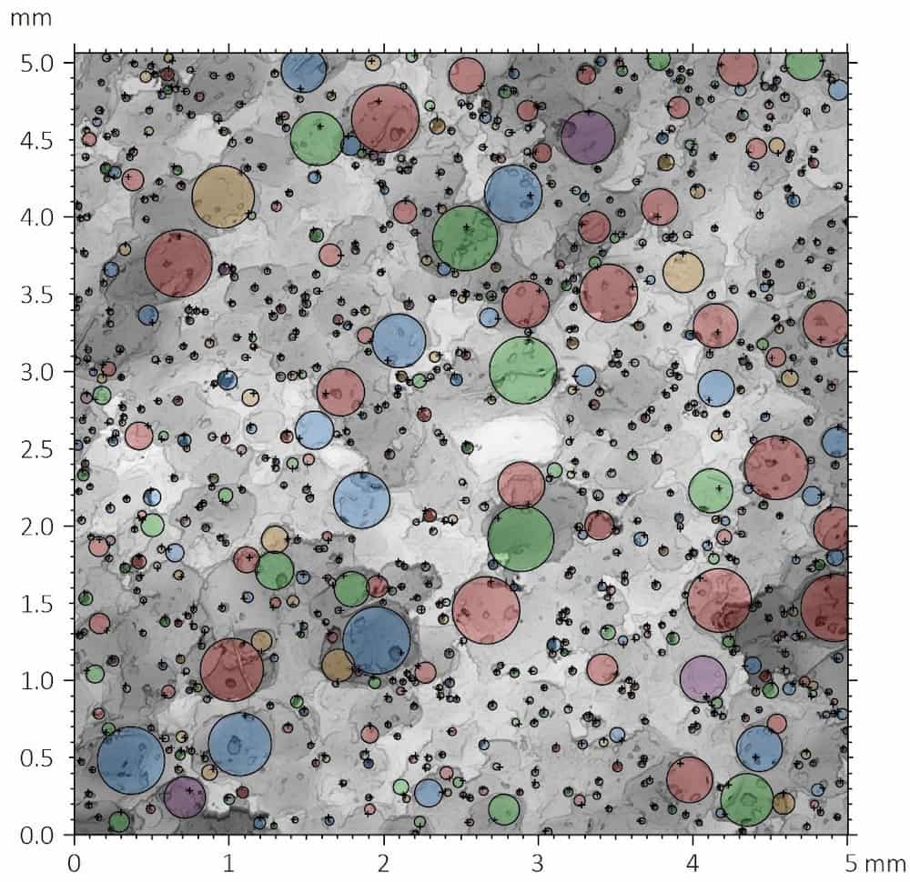 Pore distribution map of the blue climbing grip sample showing detected recessed surface features across a 5 mm by 5 mm scanned area.