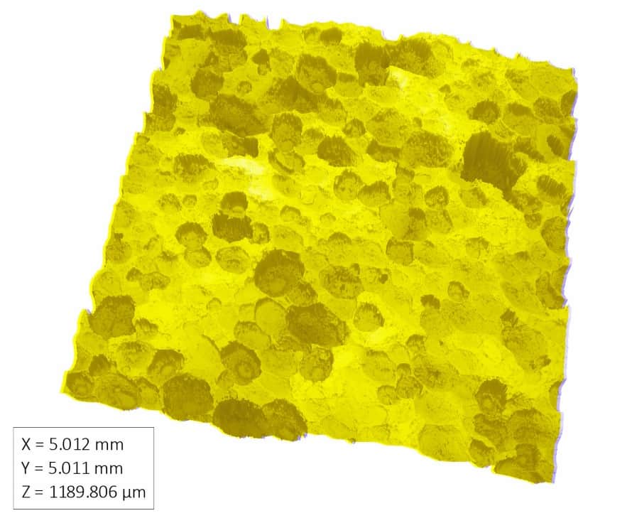 3D optical profilometry reconstruction of the yellow climbing grip surface showing pores, roughness, and surface height variation.