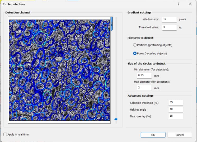 Pore detection analysis of the yellow climbing grip surface using semi-automated edge detection to identify recessed surface features.