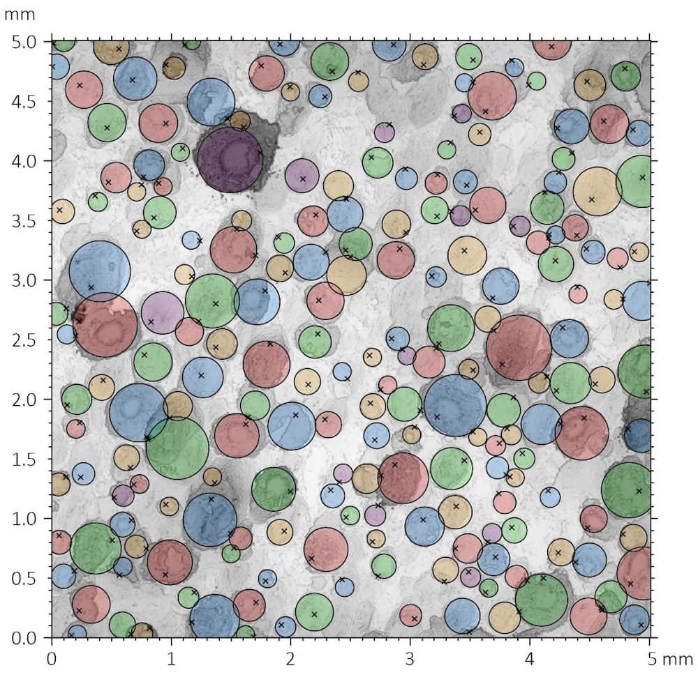 Pore distribution map of the yellow climbing grip sample showing detected recessed surface features across a 5 mm by 5 mm scanned area.