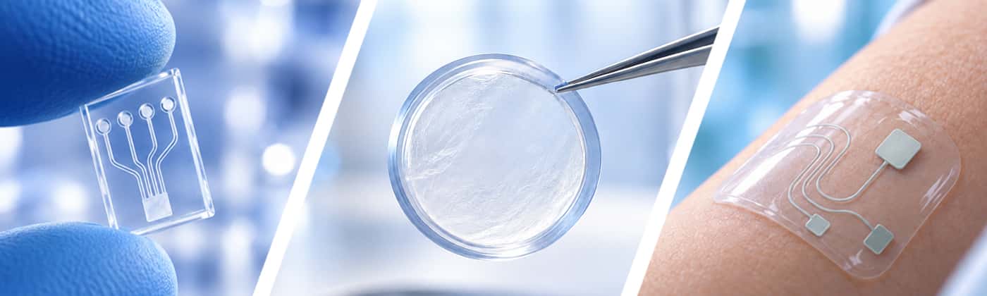 Examples of soft and transparent material applications for non-contact profilometry, including biomedical membranes, microfluidics, and wearable sensors