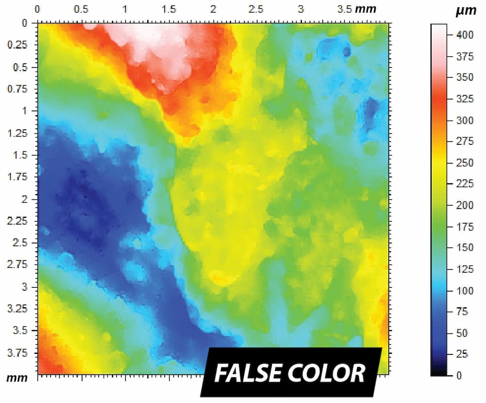 False-color height map from non-contact profilometry of a soft transparent petroleum-jelly-based sample